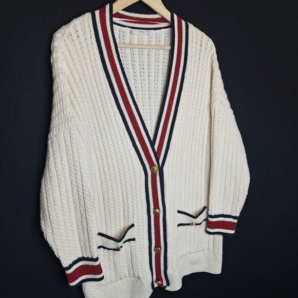 💙 MNG Mango Thick Longline Varsity Cardigan Sweater Size S/M Oversized Cablekni - Picture 6 of 8